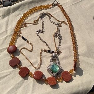 Sparkly! Three Vintage Necklaces, Amber Beads, Silver with Green Stone, …